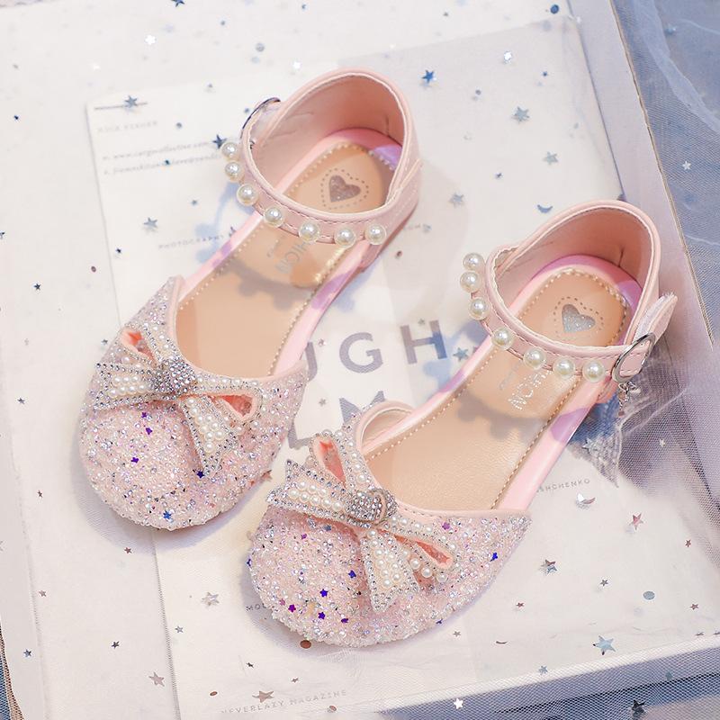 

Туфли для танцев для девочек, свадебные, на мягкой подошве, детские туфли принцессы, с блестящими пайетками, летняя новинка 2025 года, детские полусандалии, милые, нескользящие 25 розовый