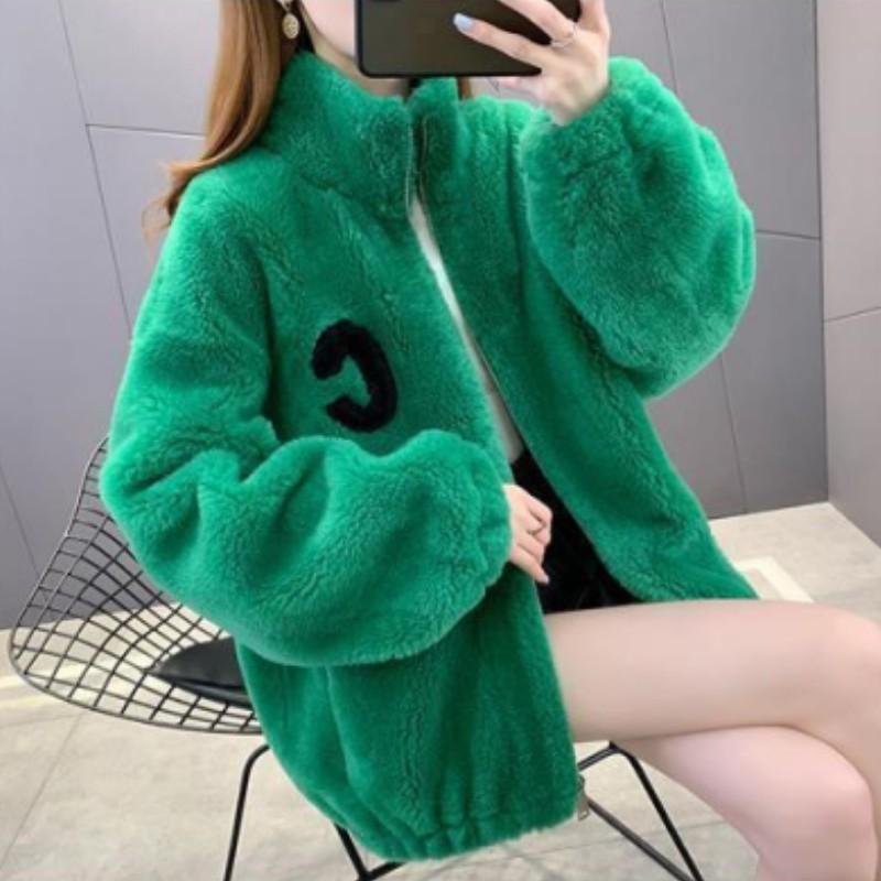 Women Autumn Winter Fleece Fluffy Jacket Streetwear Zipper Warm Outerwear Letter Splice Female Sweatshirt