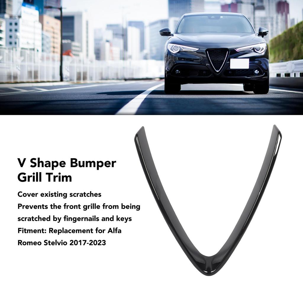 Bumper Grill Trim V Shape Frame Decoration Bright Black Replacement for  Stelvio 2017 To 2025 Car V Shape Grille Cover