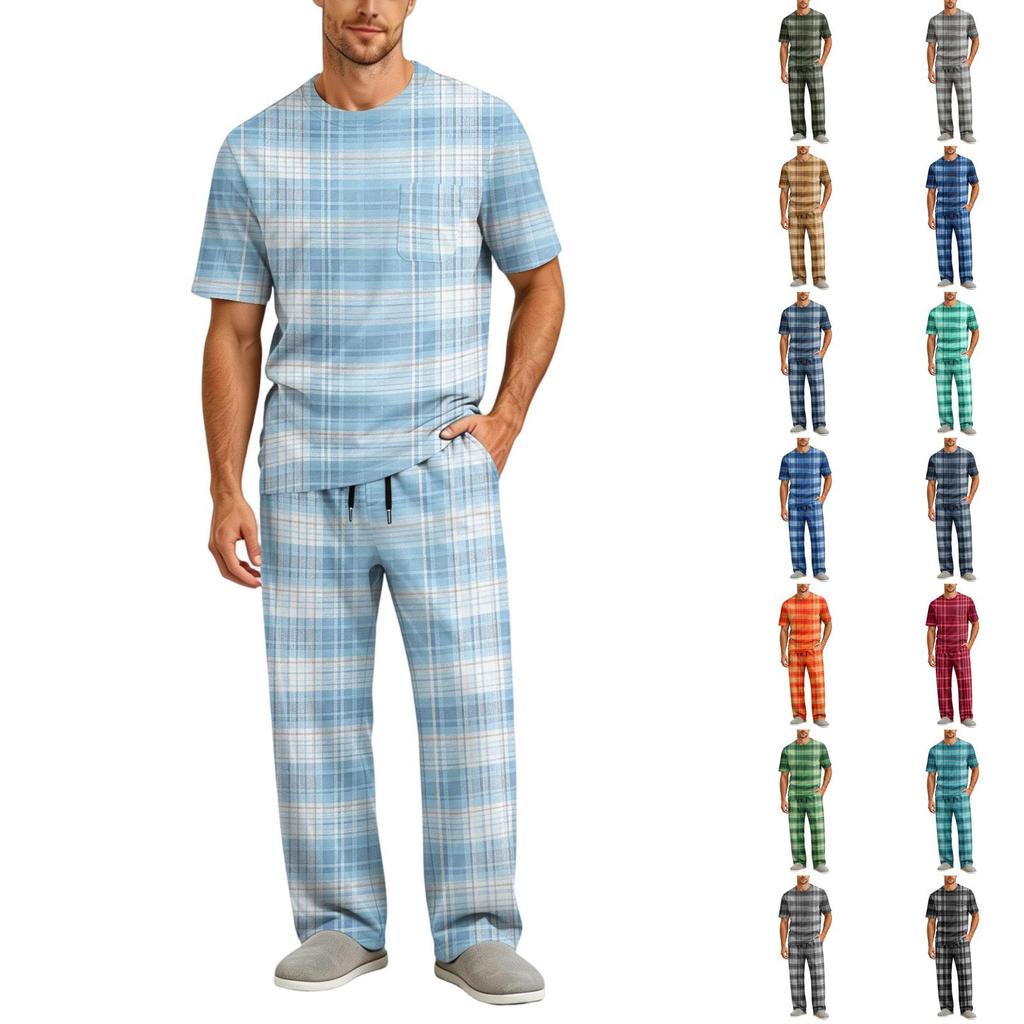Men's Short Sleeve Pajama Set with Button Fly and Elastic Drawstring Waist for Sleepwear