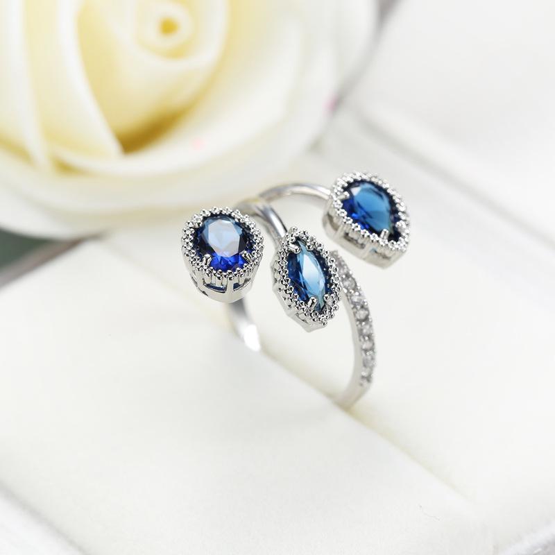 Teardrop Royal Blue Zircon Open Copper Ring for Women