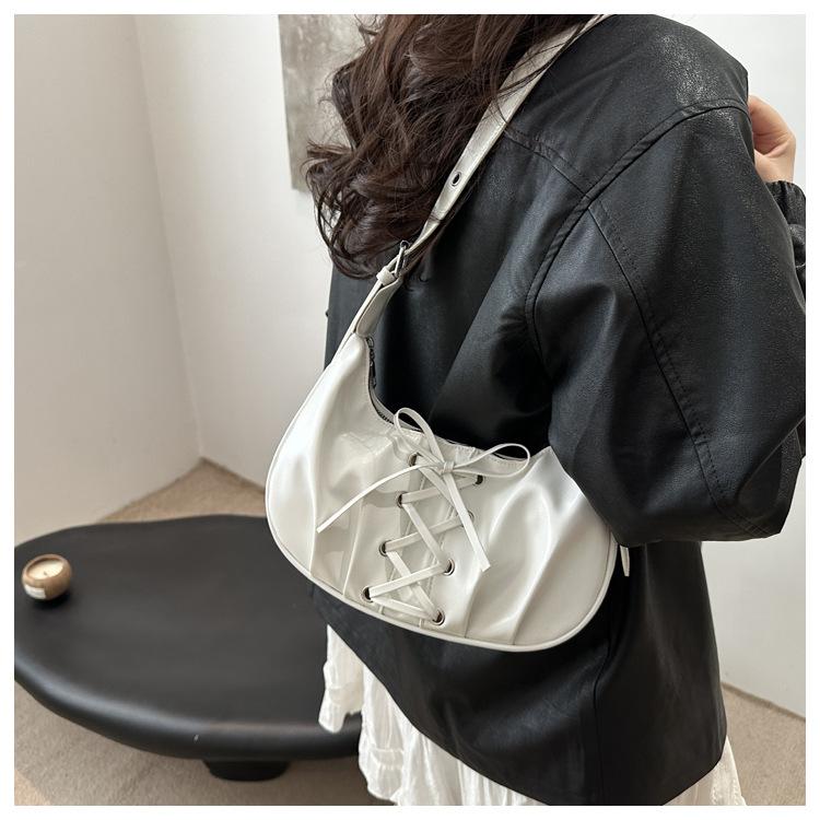 1Pc Lace-up Bow Bag Women's Spring New PU Dumpling Bag Temperament Shoulder Bag Sweet and Cool Messenger Bag