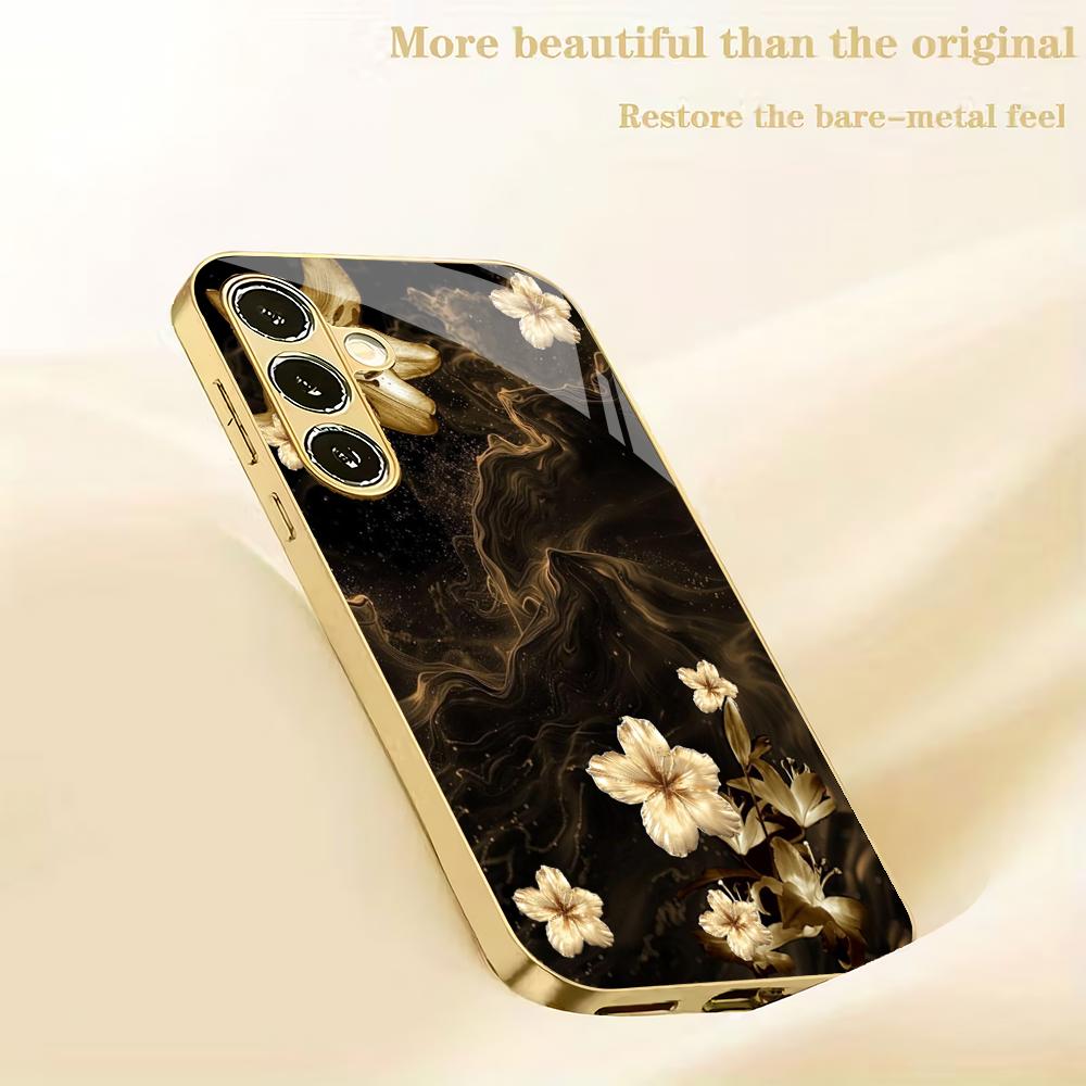 Golden Flower Electroplated Glass Phone Case Suitable for Samsung Galaxy S26 S25 S24 S23 S22 S20 FE/Ultra/Plus5G Anti Drop
