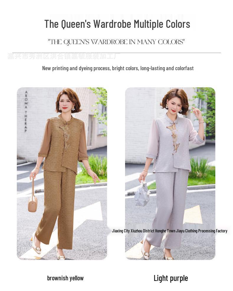 Chiffon Short Sleeve National Style Two-Piece Set for Middle-Aged Women