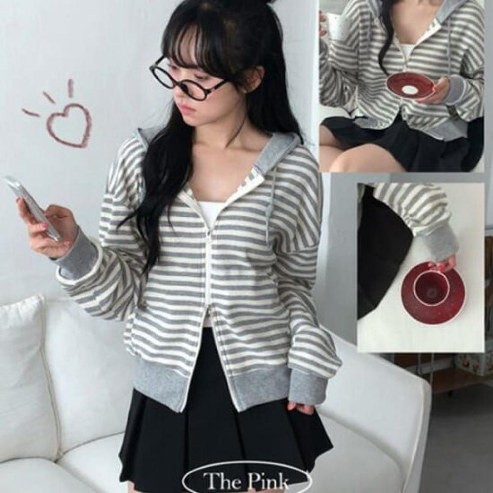 The Pink Loose Fit Stripe Color Block Two Way Hoodie Zip Up