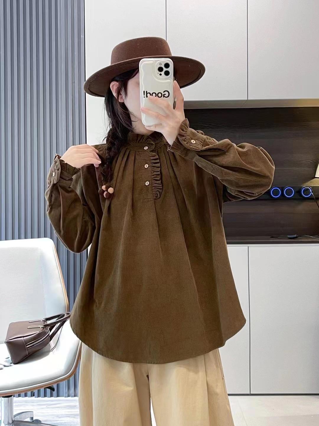 

Johnature Японский лесной гриб Воротник-стойка Полуоткрытая вельветовая рубашка Женская Осень Зима Свободные Универсальные топы Женские One Size кофейный