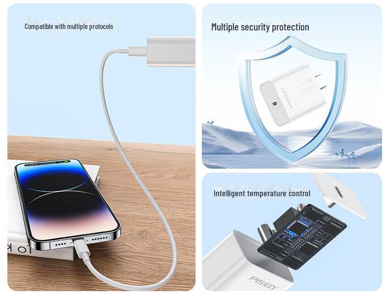 PISEN 30W PD Fast Charger with Type-C Cable for Apple 15 Pro Max and Android Devices