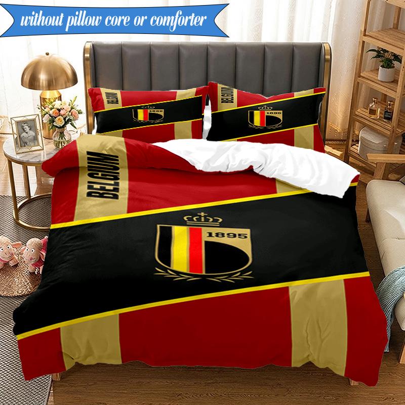 3PCS Belgian Football Association Emblem Bedding Set 2D Printing (Includes 1 Duvet Cover + 2 Pillowcases Coreless), Bedroom decor,Fan gift