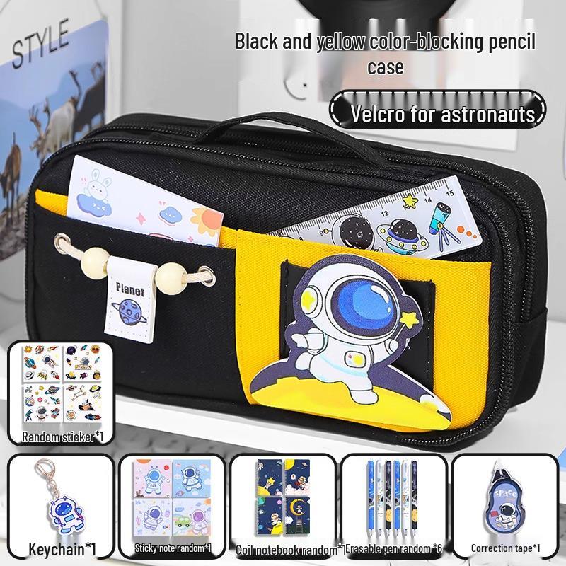 Send Astronaut Velcro! Boys' Black Dirt-Resistant Pencil Case, Hand-Carry, Large Capacity, New 2025 Style.
