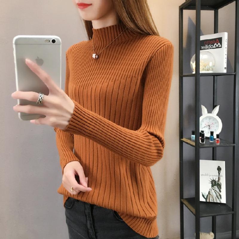 Autumn Winter Slim Casual Fashion Half High Collar Sweater Women Solid Color All-match Bottomed Knitting Tops