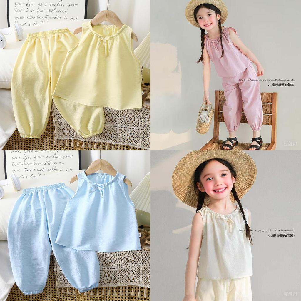 Girl Toddler Sleeveless Long Pants Set Summer Girls Cotton Blend Casual Lounge Wear For Kids