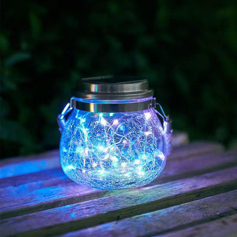 Solar Crackle Glass Mason Jar Hanging LED Lights for Outdoor Decor