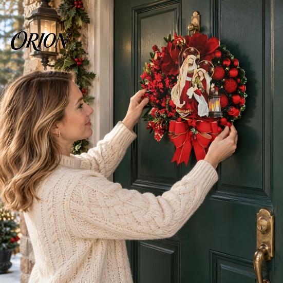 Classic Holiday Home Decor Accents 2D Flat Wooden Nativity Christmas Wreath, Little Jesus Holly Family Front Durable Festive Wreath for Wall