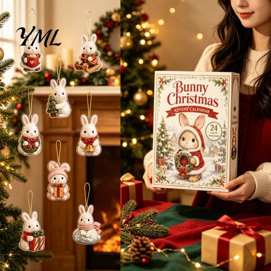Cute Cat Rabbit Ornaments 24 Days Christmas Advent Calendar 2026, 2D Acrylic Reading Cats/Dogs/Forest Animals Surprise Unboxing Gift Ornament