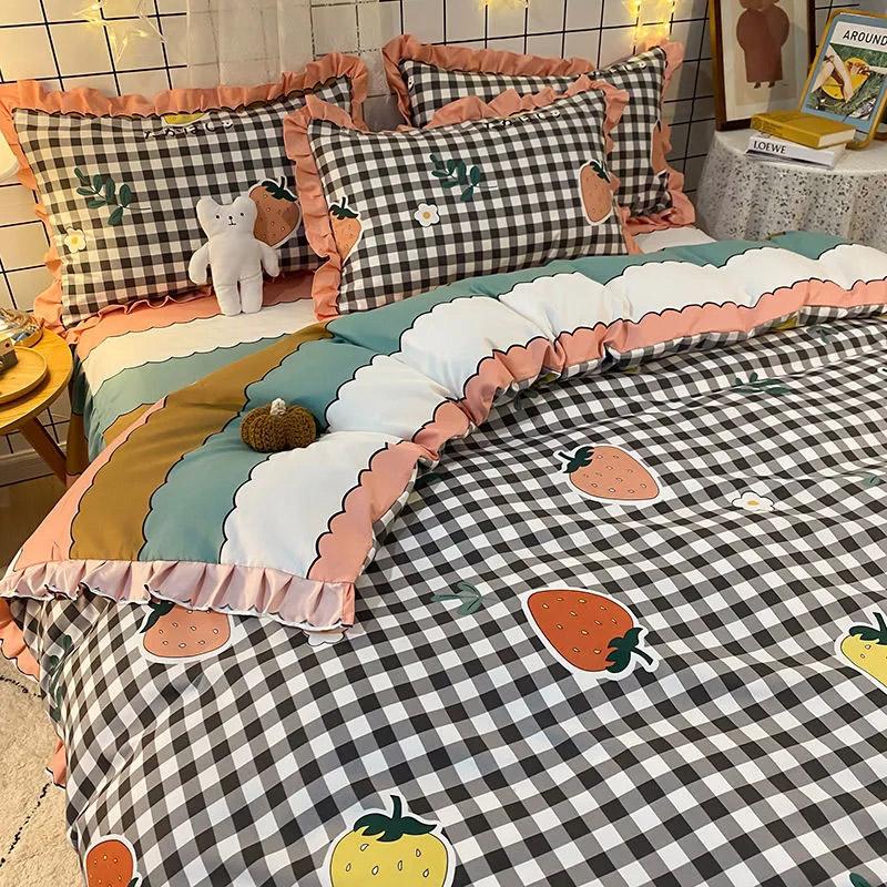 4pcs/set Printing Bedding Set Cute Bed Skirt Comfortable Duvet Cover Bed Sheet and Pillowcases Set Korean Princess Style Bedding