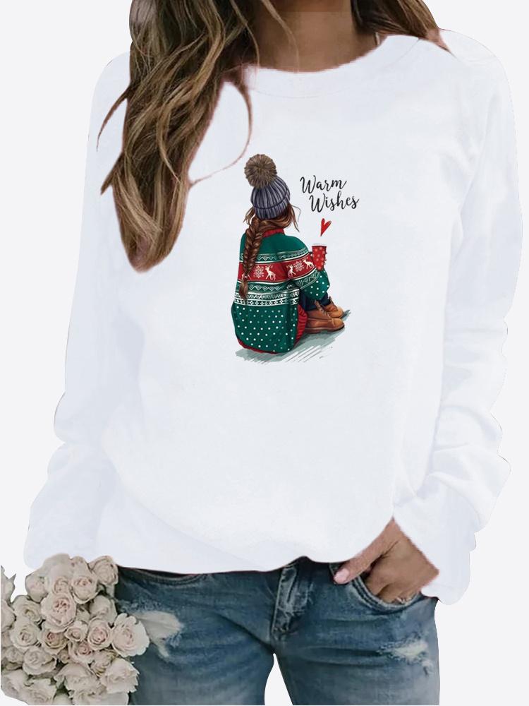 Women Autumn and Winter Clothing Christmas Deer Printed Casual Sweatshirt Long Sleeve Tops T-shirt Ladies Round Neck Pullover Blouse