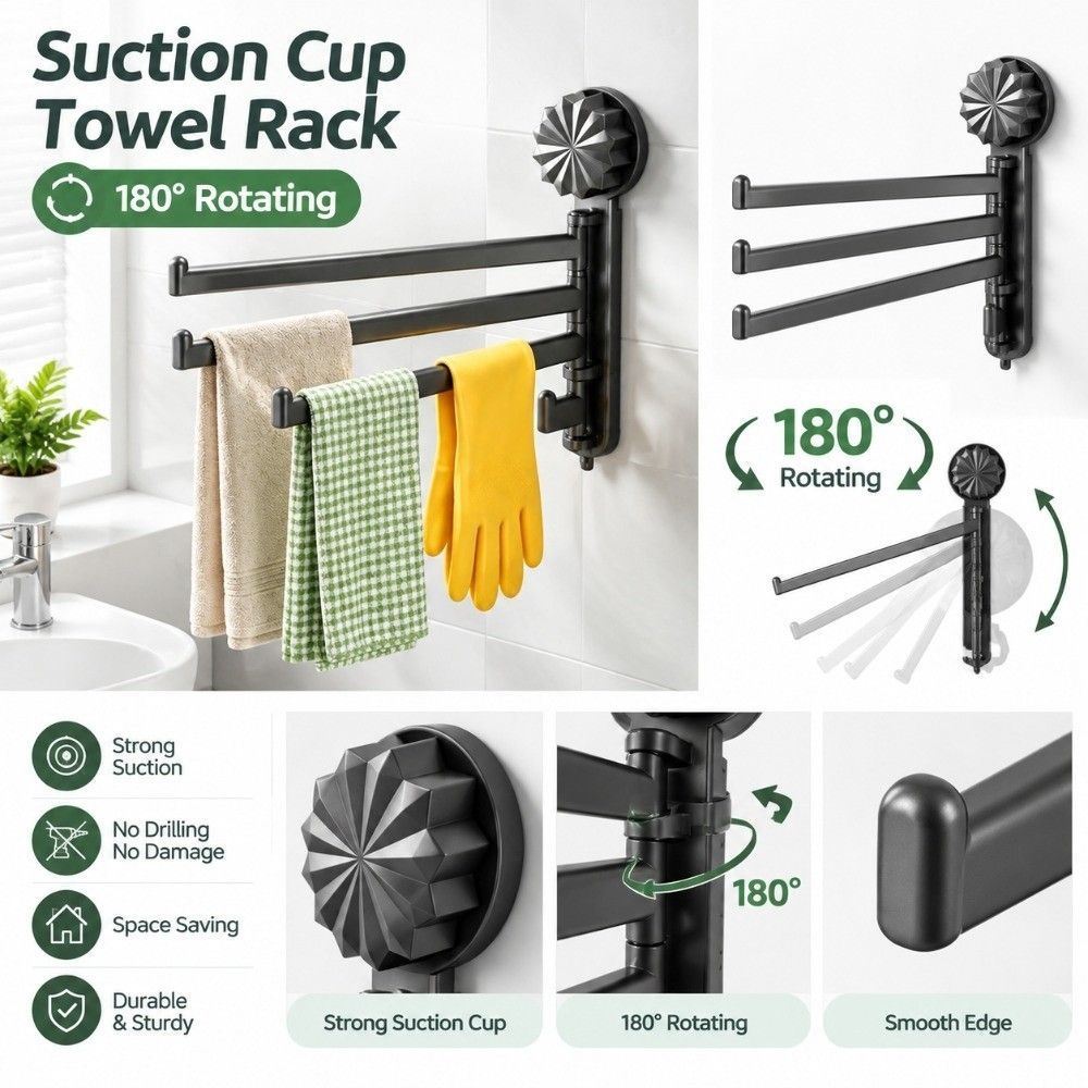 3-Bar Towel Rack Suction Cup Rotating Towel Hanger Bath Towel Rack for Kitchen&Bathroom