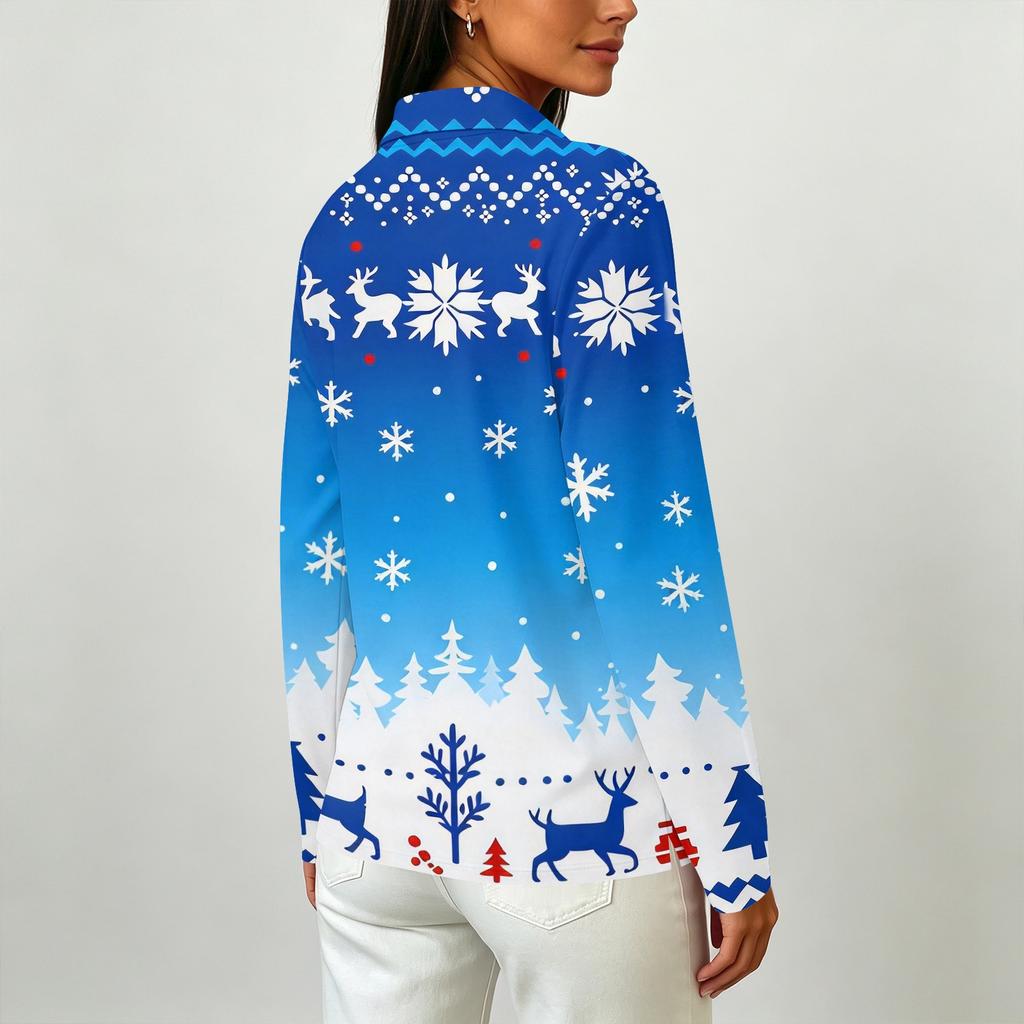 Women's Casual Christmas Print Button Down Long Sleeve Collared Blouse with Double Side Slit Hem