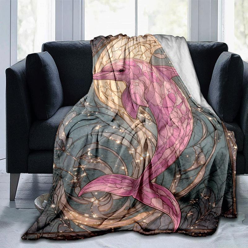 1pc Pink Dolphin Printing Lightweight Flannel Blanket, Comfortable and Warm Blanket, for Camping Sofa Bed and Couch Office, in All Seasons