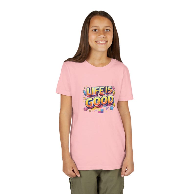 Life Is Good tee | Colorful retro script, smiley icons, kids graphic shirt 110