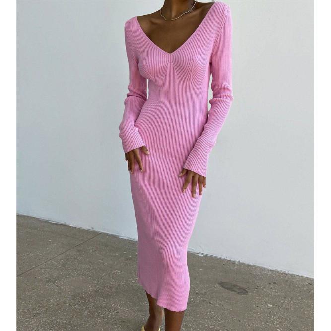 

Новая осенне-зимняя трикотажная шерстяная пригородная юбка с длинным рукавом и глубоким V-образным вырезом, эластичное платье L чёрный