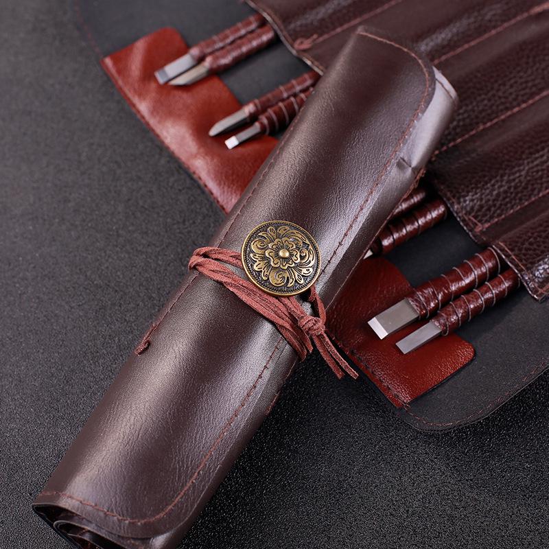 Seal & Stone Carving Knife Leather Sheath Roll-Up Storage Bag with Vintage Pen Pouch - Tungsten White Steel Knife Sheath Included.