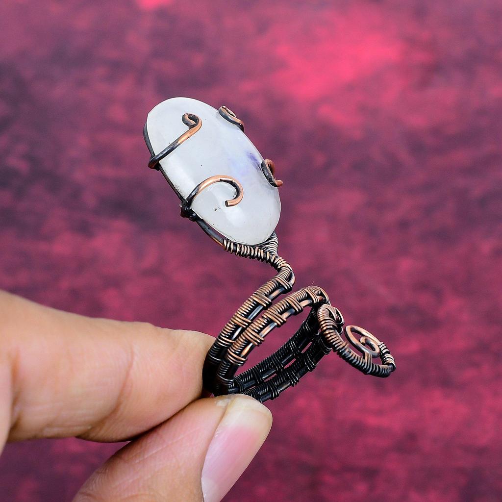 Rainbow Moonstone Ring Adjustable Ring Copper Wire Wrapped Real Gemstone Jewelry