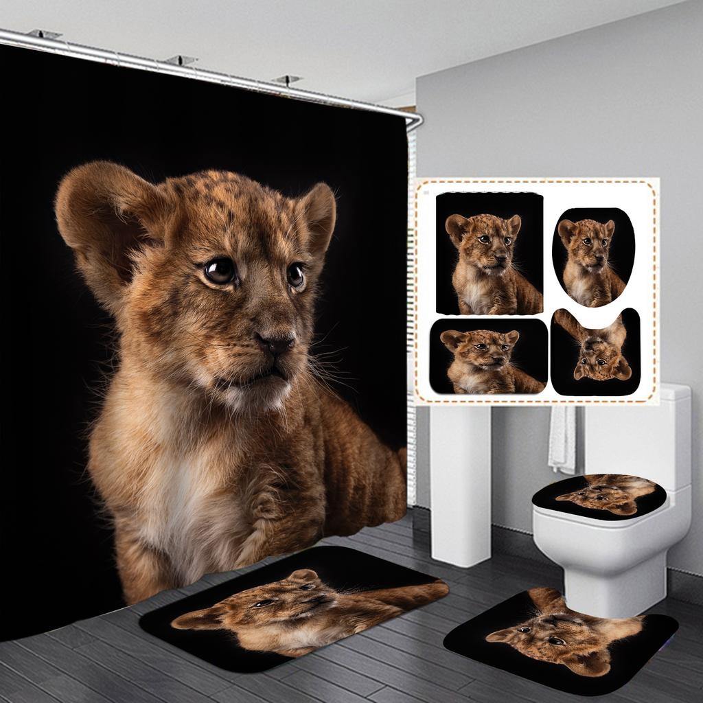 Seturi de perdele de duș din seria Lion 4 buc pentru baie Covoare de baie antiderapante Capac capac de toaletă Covoraș de baie