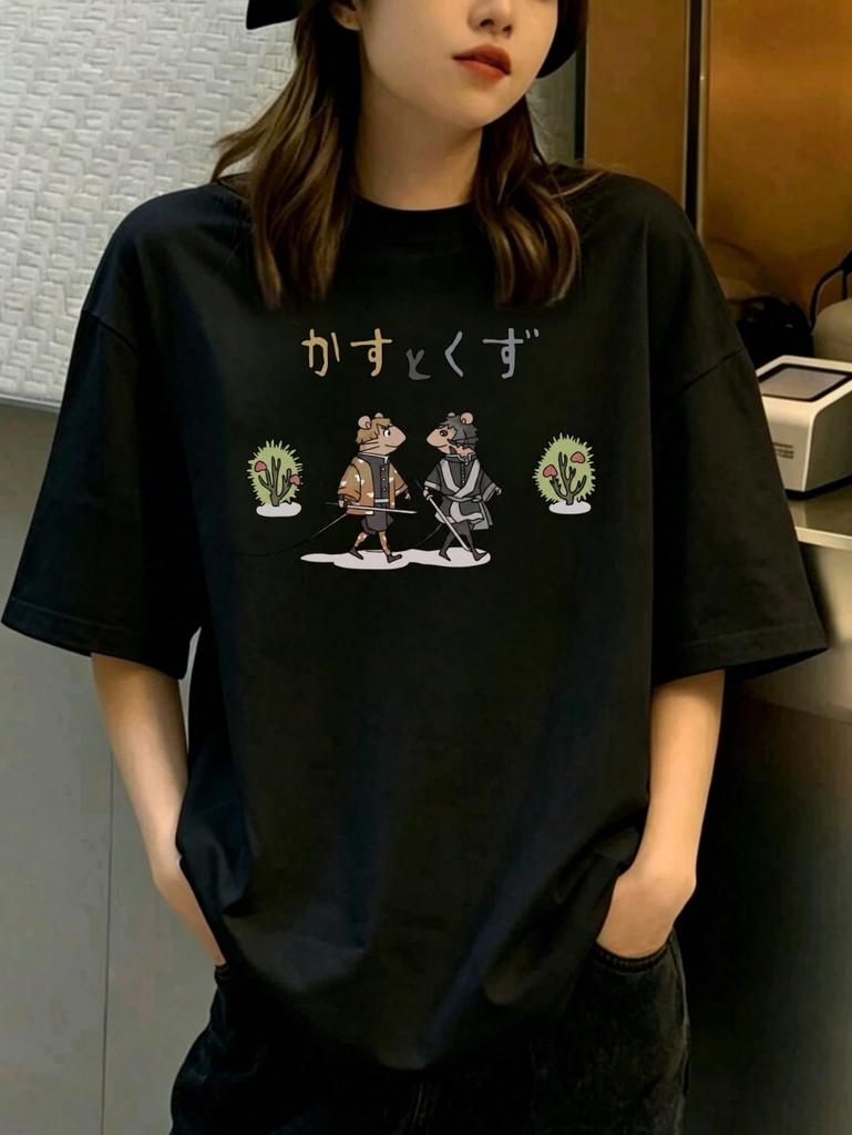 Unisexs Round Neck Short Sleeve Tee New Summer Arrival Cartoon Cat Dog Print Loose Versatile Casual Tops