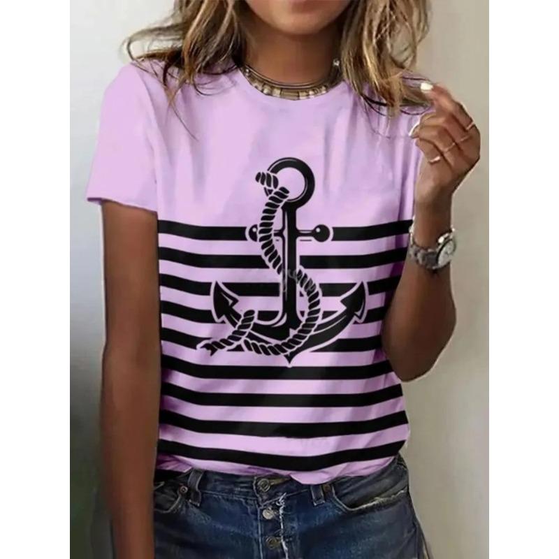 Women's 3D Printed T-Shirt Colorful Striped Boat Anchor Pattern Print Short Sleeve O-Neck Pullover Casual Top