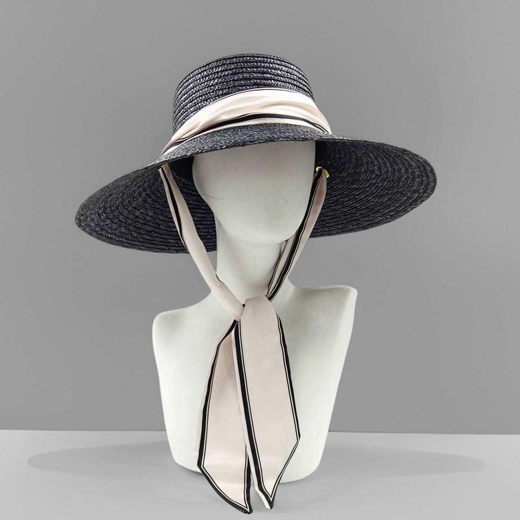 Boater Straw Hat wide brim French elegant square ribbon women's sun hat holiday straw hat