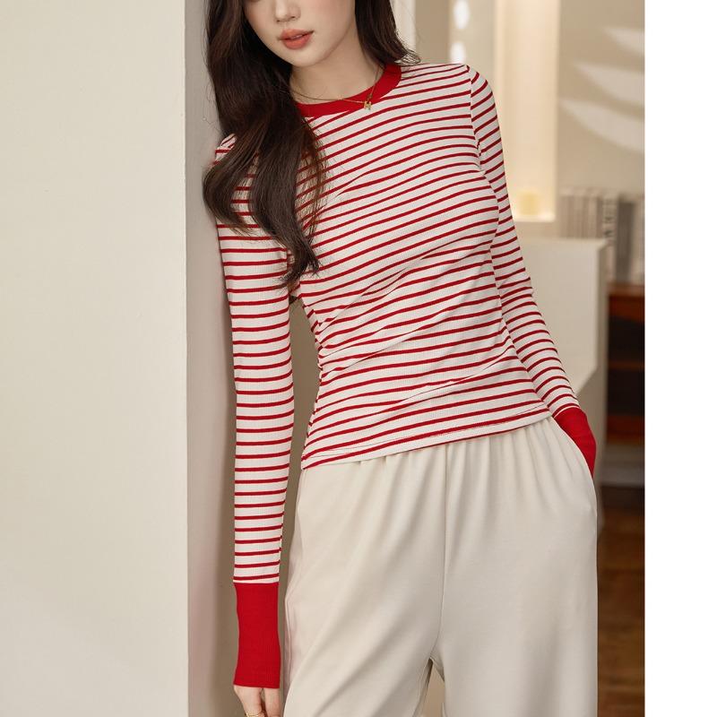 Womens Colorblock Striped Long Sleeve Cotton Bottoming T Shirt
