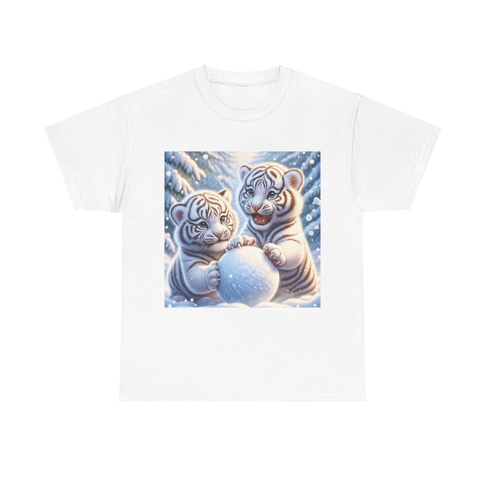Unisex Adult T Shirt White Tiger Cubs Playing Snowball S