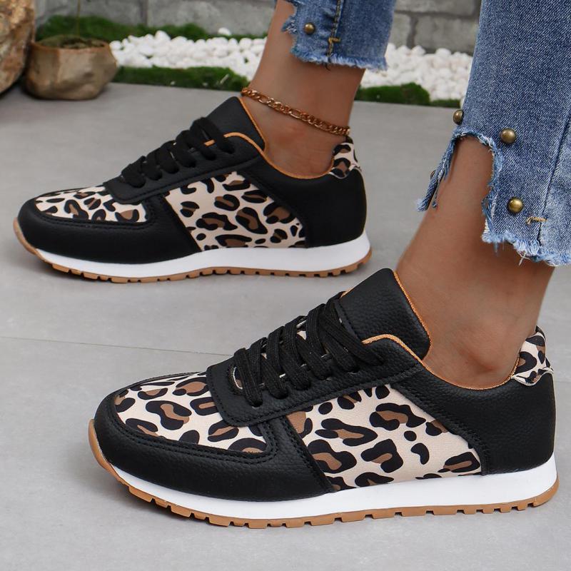 Fashion Leopard Print Women Casual Shoes Autumn Leather Ladies Sports Shoes Lace-up Slip On Fashion 2024 Casual Outdoors Walking Shoes
