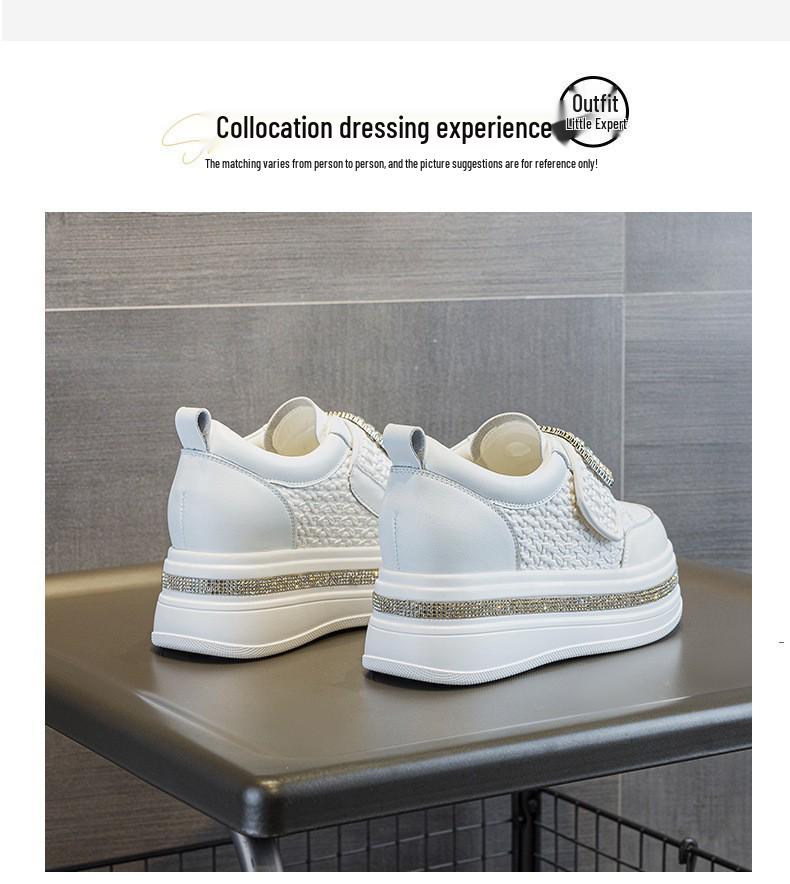 Women's 2025 Autumn White Rhinestone Casual Sneakers with Magic Tape and Petite Height-Boosting Thick Sole