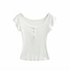 Double-layer fungus edge short-sleeved T-shirt women's summer new American Spice Girl solid-color slim-fitting front shoulder bottoming top