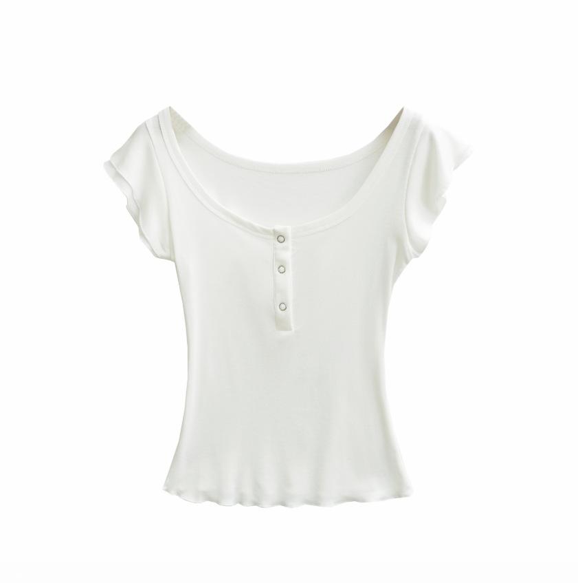 Double-layer fungus edge short-sleeved T-shirt women's summer new American Spice Girl solid-color slim-fitting front shoulder bottoming top