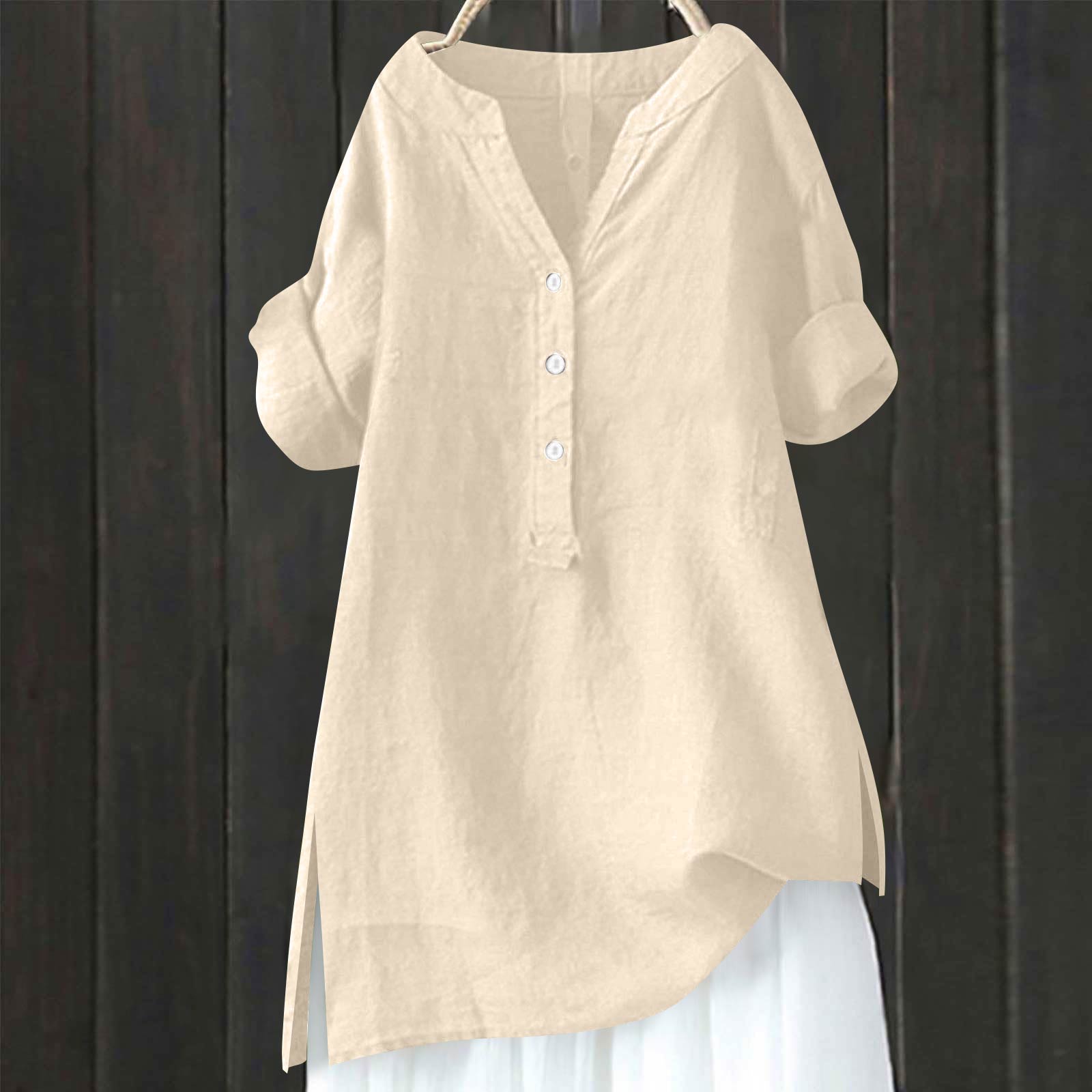 

Women s Fashionable V-Neck Button-Down Hem Split-Front Cotton-Linen Short-Sleeved Casual Pullover T-Shirt XXL бежевий