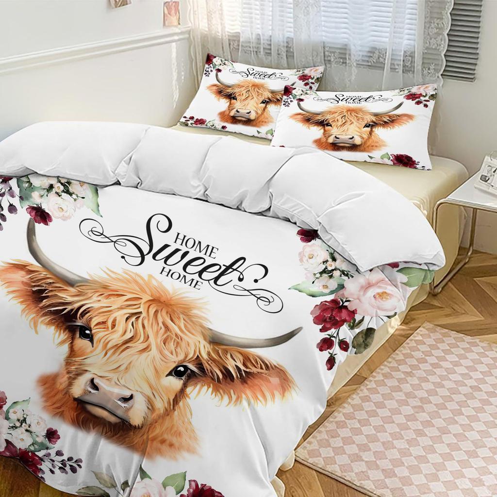 Highland Cattle Three-piece Quilt Cover 3D Digital Printing Bedding Set Farmhouse Bed Cover