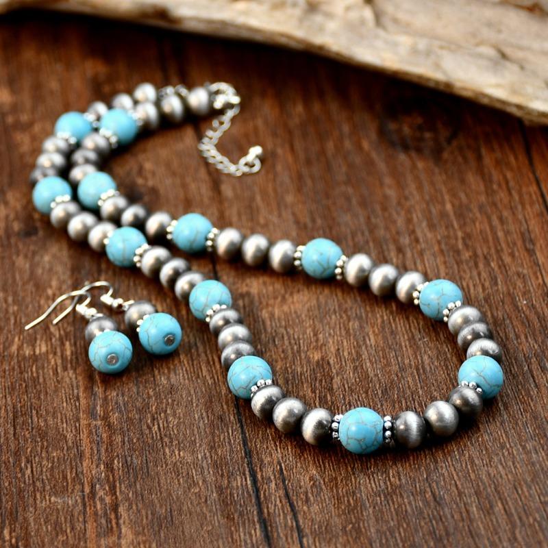 GemChic Women's New Vintage Turquoise Beads Chain Necklace Earrings Two Piece Set Ethnic Birthday Christmas Jewelry Gift