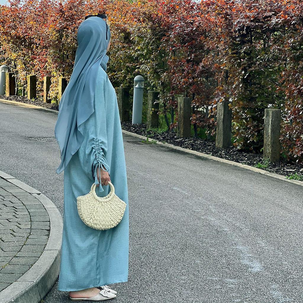 Saudi-Arabien Muslimische Frauen Bescheidenes Kleid Eid Dubai Plain Abaya Islamische Feiertagsparty Solide Türkei Schnürmanschetten Lange Kleidung