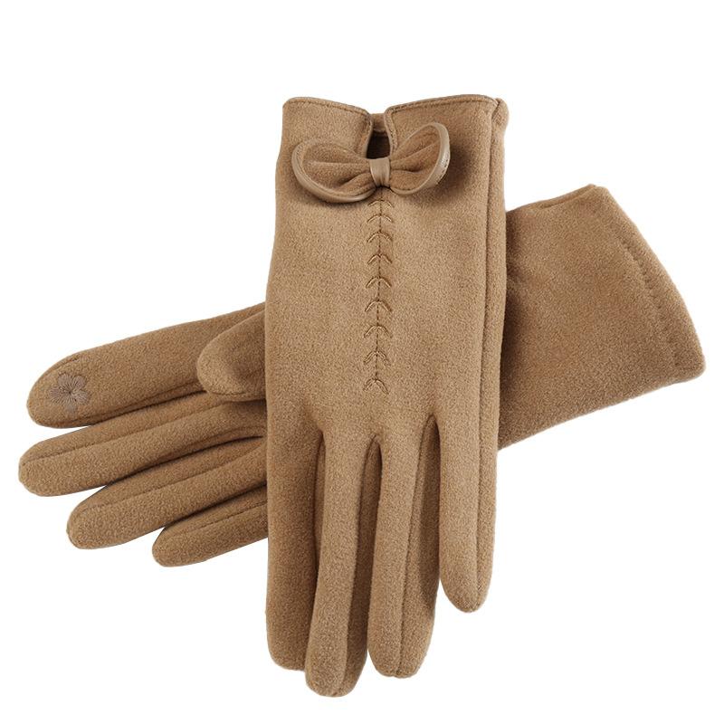 Women Winter Keep Warm Touch Screen Thin Section Bow Elegant Gloves Plus Velvet Inside Windproof Outdoor Cycling Female Gloves