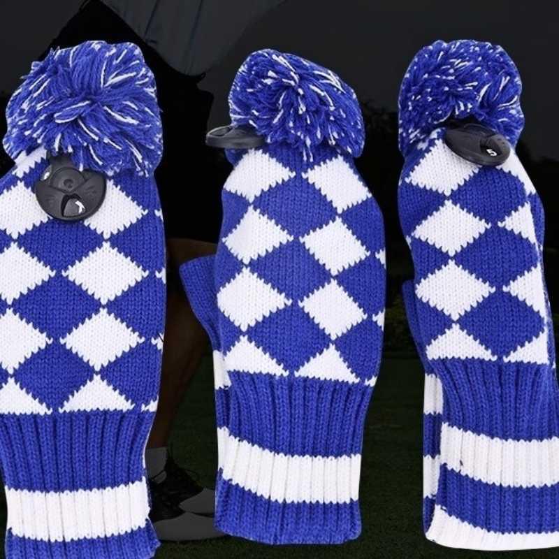 Striped Golf Club Headcovers - Set of 3 Knit Protective Covers for Woods (1/3/5) with Pom Pom Design.