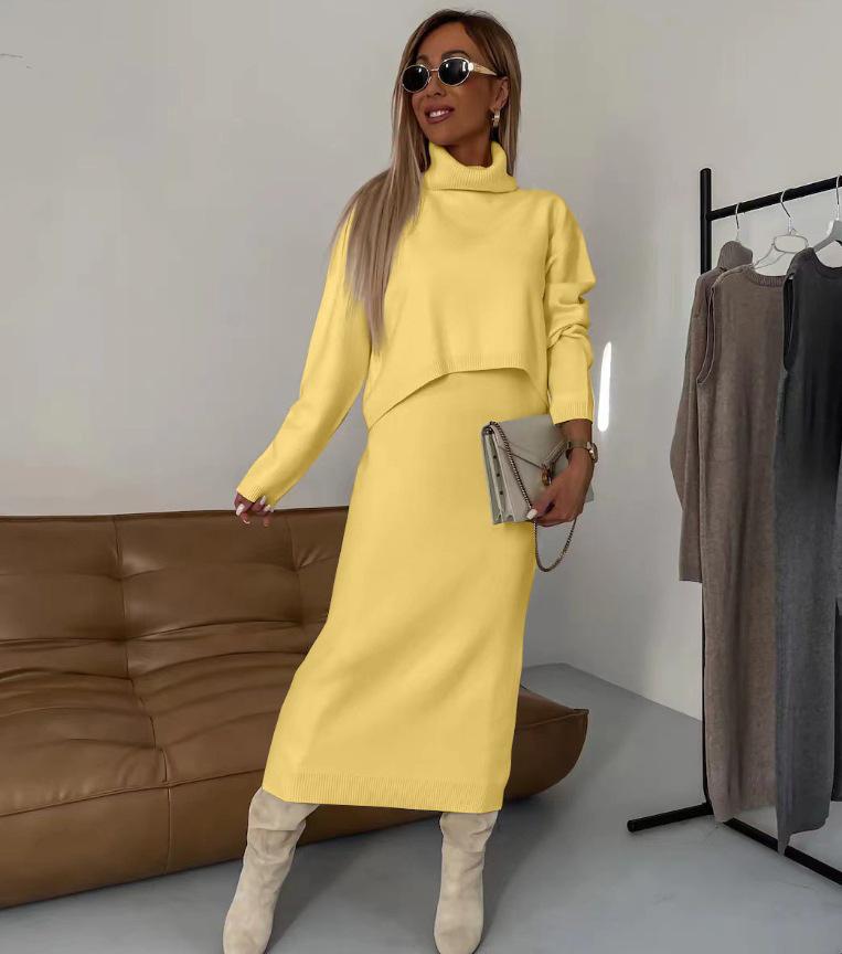 2024 Women's Solid Color Semi-High Neck Knitted Slim-Fit Long Dress Set