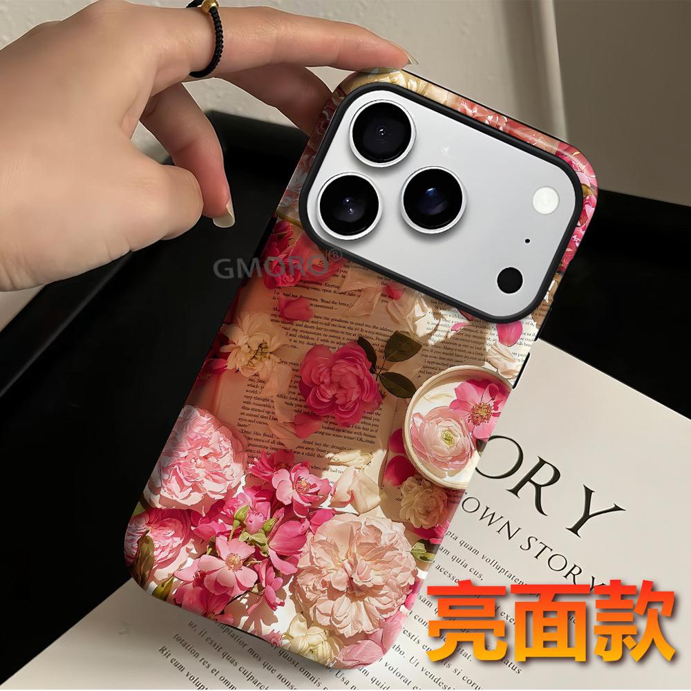 Foreign trade explosion literary newspaper collage flower magnetic mobile phone case iPhone15 two-in-one film case Apple 17
