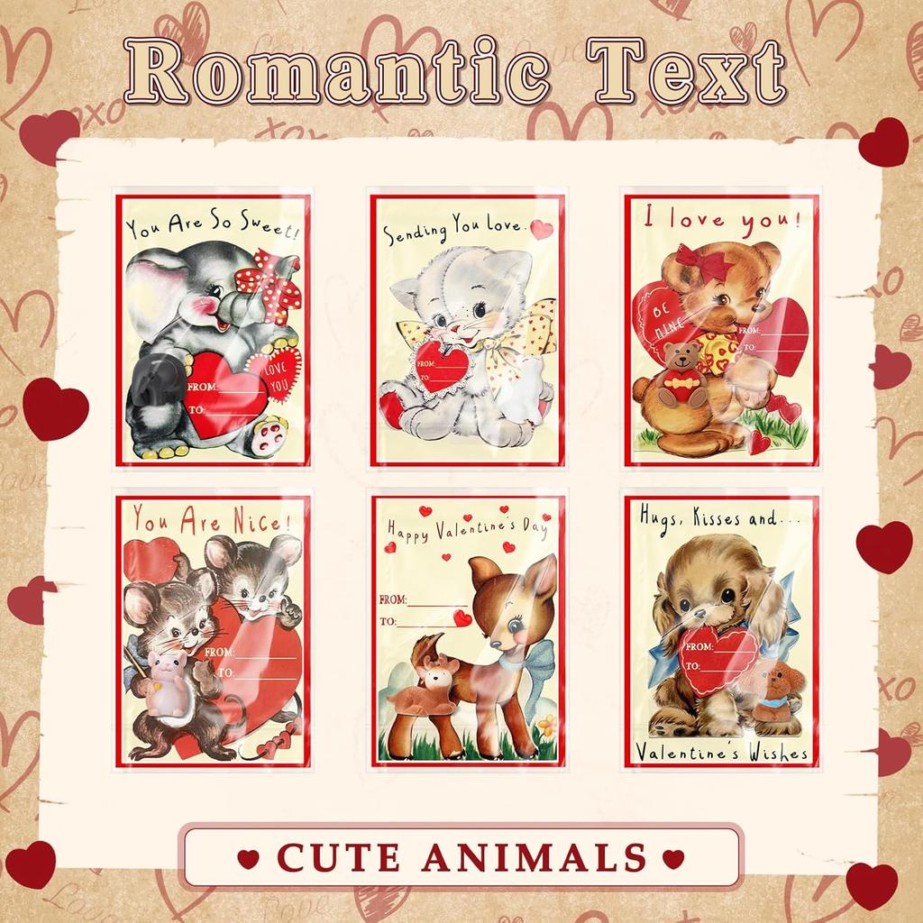 24 Sets Vintage Valentine's Day Cards with Resin Animal Figurines Mini Valentines Figures Bulk Retro Party Gifts Classroom Favors for Students School