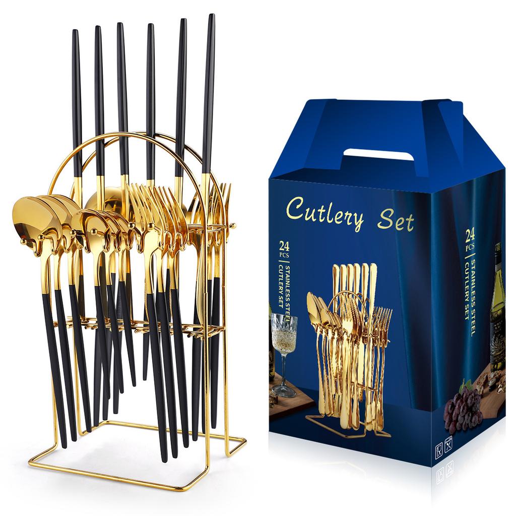 Stainless Steel Tableware Set with 24 Knives Forks and Spoons Home Storage Rack for Western Style Steak
