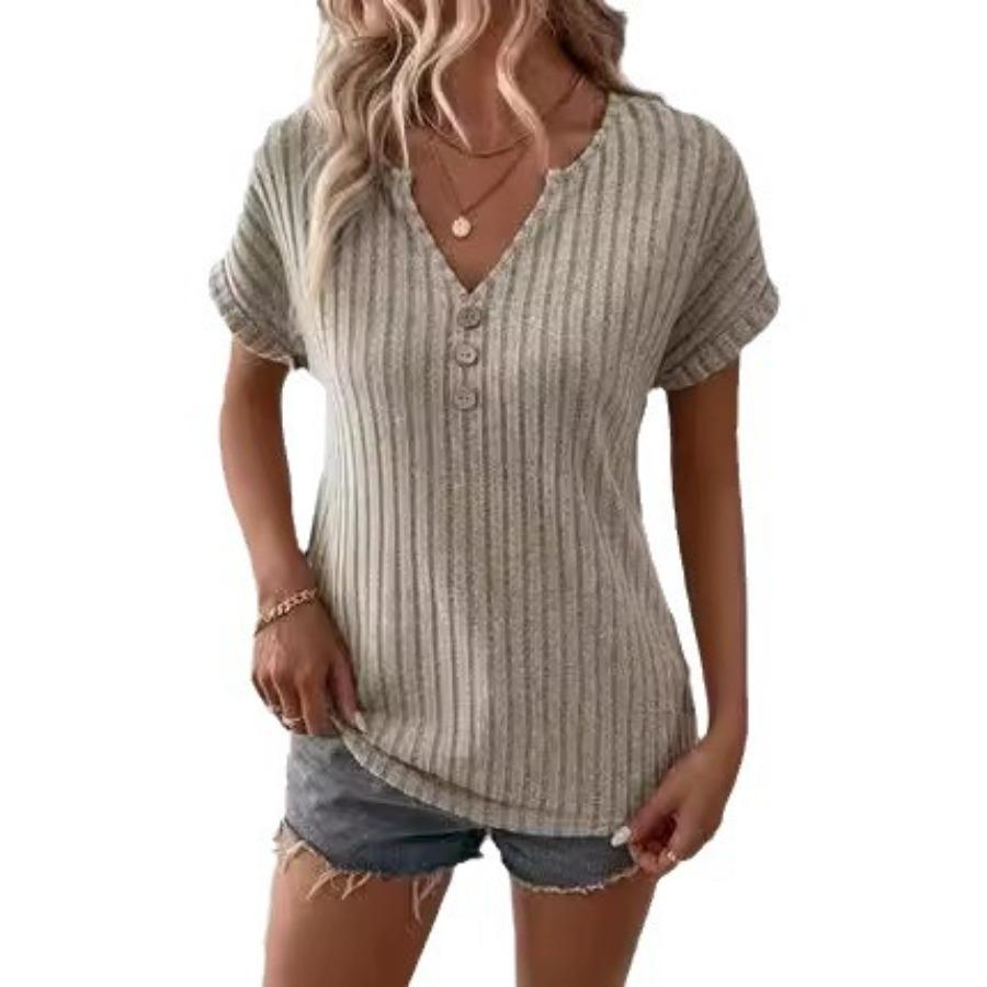 Exquisite Ribbed Round Neck Notched T-shirts Comfortable and Versatile Cashmere Short Sleeved Women's T-shirts