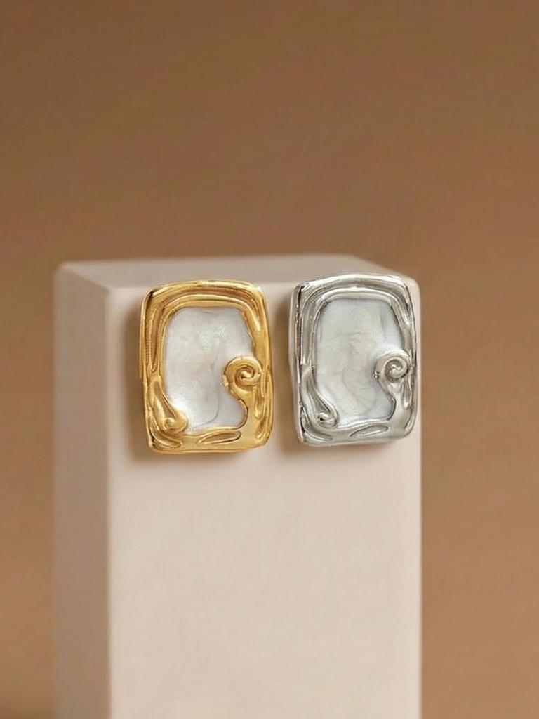 Elegant Retro Geometric Square White Oil Drop Stainless Steel Earrings for Women