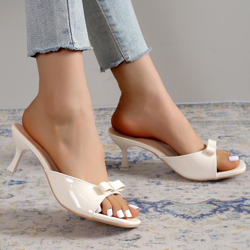 Sweet White Bowknot Decoration Slippers Women 2025 Summer Leisure Square Toe Slip On Shoes Spike High Heels Sandals Women
